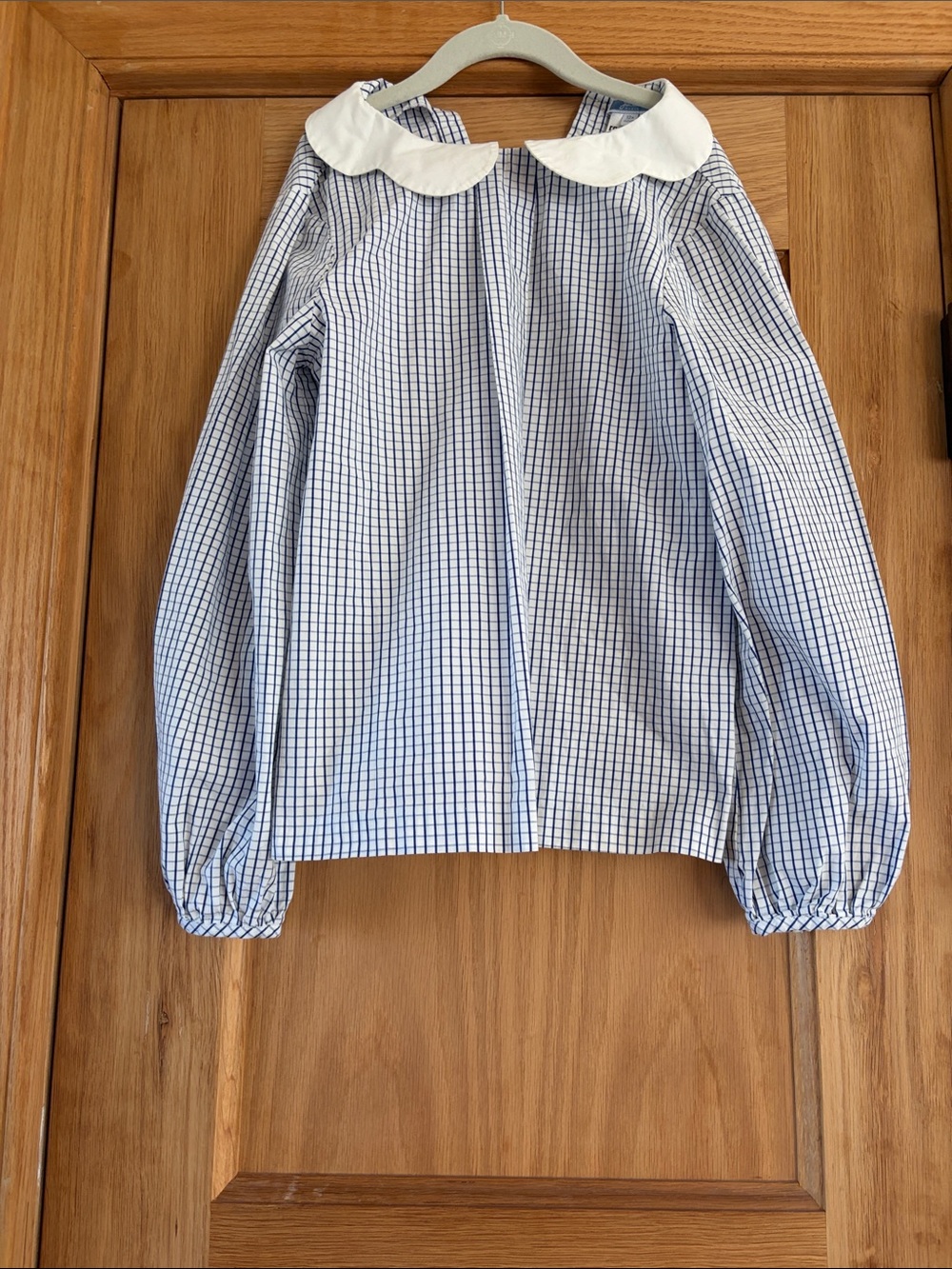 Jacadi Blue and White Checked Long Sleeve Top with Peter Pan Collar